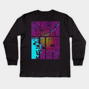 Osaka, Japan City Map Typography - Neon Kids Long Sleeve T-Shirt